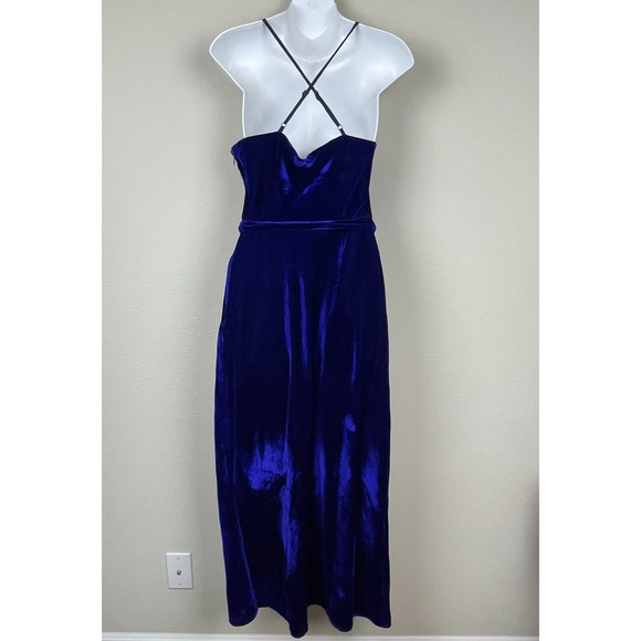 Adalyn Ray Royal Blue Velvet Maxi Dress Size L Crisscross Back Lined Whimsigoth - Picture 3 of 8